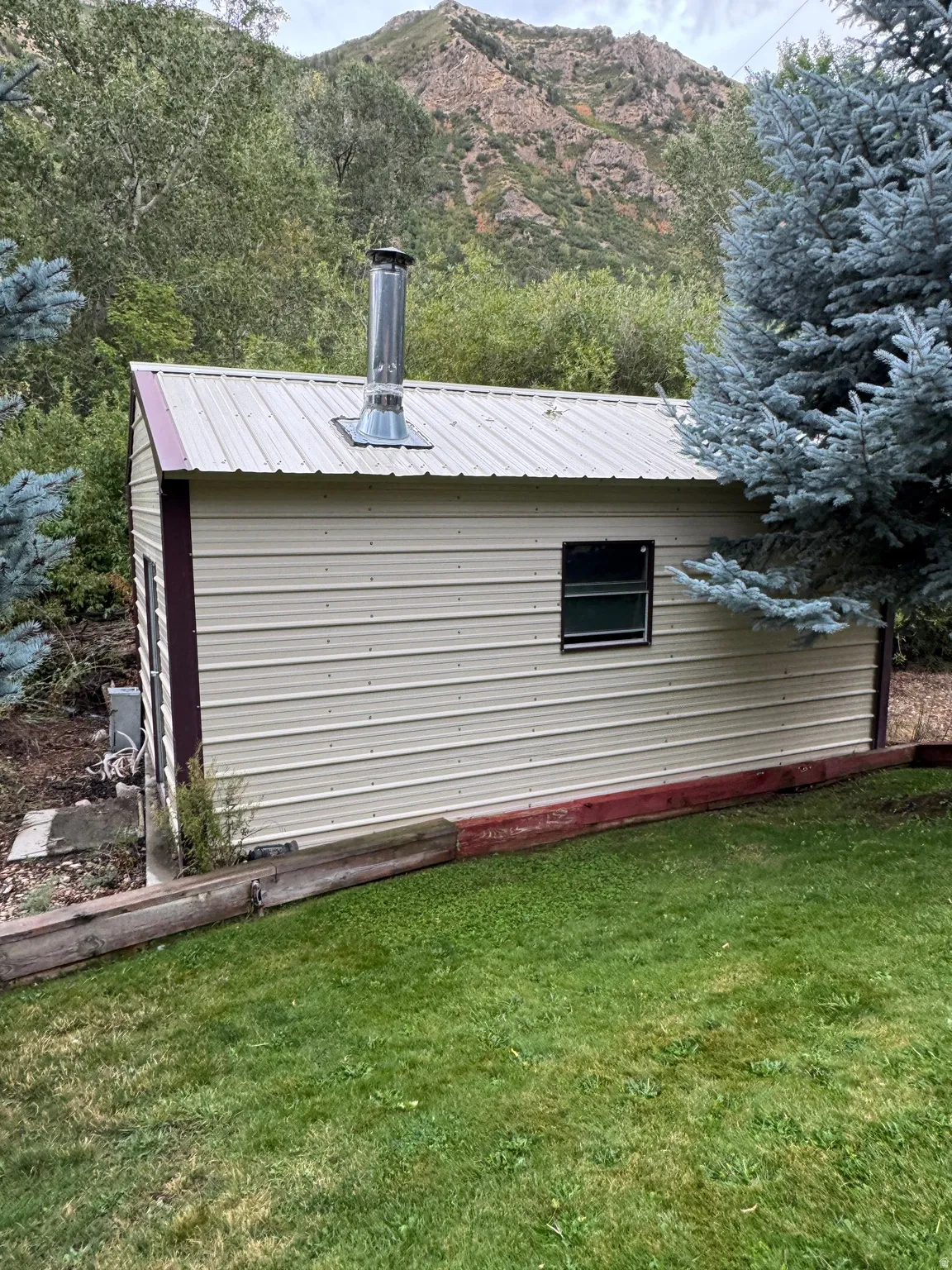 Metal siding structure with a metal roof and a chimney