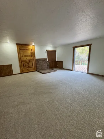 Spacious interior featuring neutral carpeting, a stone-surround hearth, decorative wood paneling, a sliding glass door, and a solid wood door with geometric millwork