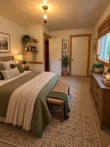 Recessed ceiling lighting with a decorative fixture, wood-finish window blinds, floating shelves, and built-in closet doors