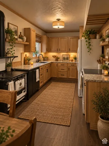 U-shaped kitchen with wood-finish flooring, recessed lighting, wood cabinetry, stone countertops, and a built-in range