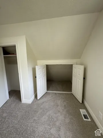 Neutral-toned carpeting, built-in eave storage with double doors, and a separate walk-in closet with built-in shelving