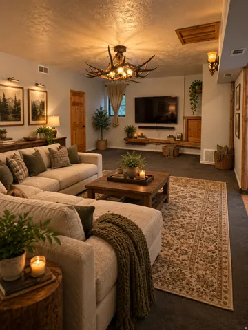Spacious living area featuring a custom antler-style chandelier, wood-finish door, wall-mounted light fixtures, and plush carpeting