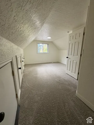 Vaulted ceilings with textured finish, neutral carpeting, built-in wall storage access, and a window with natural light