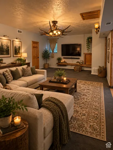 Spacious living area featuring a custom antler-style chandelier, wood-finish door, wall-mounted light fixtures, and plush carpeting