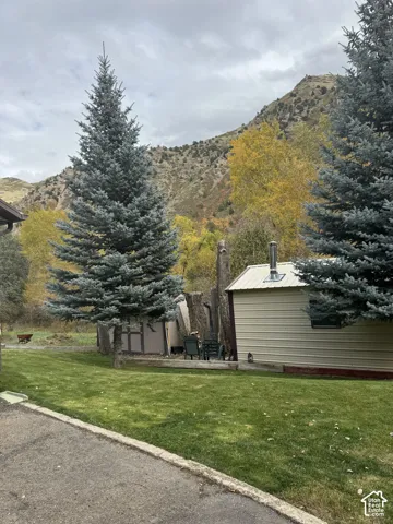 Expansive grounds featuring a manicured lawn, mature evergreen trees, and a detached metal-sided storage structure with a chimney