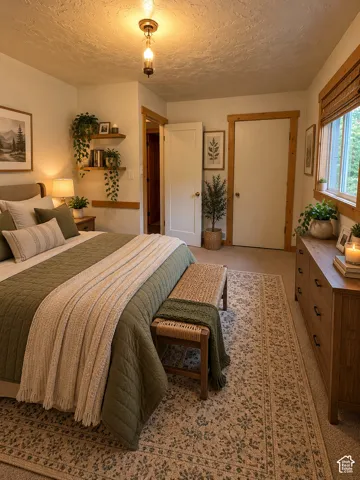 Recessed ceiling lighting with a decorative fixture, wood-finish window blinds, floating shelves, and built-in closet doors