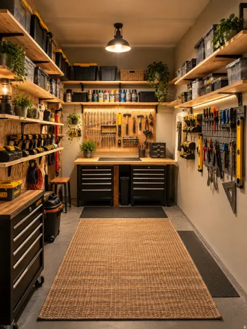 Integrated shelving units, built-in workbench, wall-mounted pegboard storage, overhead task lighting, concrete flooring