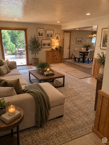 Recessed lighting illuminates the living area, featuring wood-finish flooring and light-toned walls