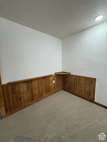 Neutral-toned carpeting, wood-plank wainscoting, integrated corner shelving, and recessed ceiling lighting