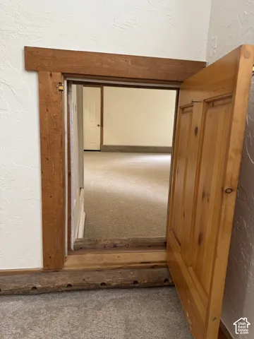 Custom wood door featuring natural-finish grain and solid timber casing trim