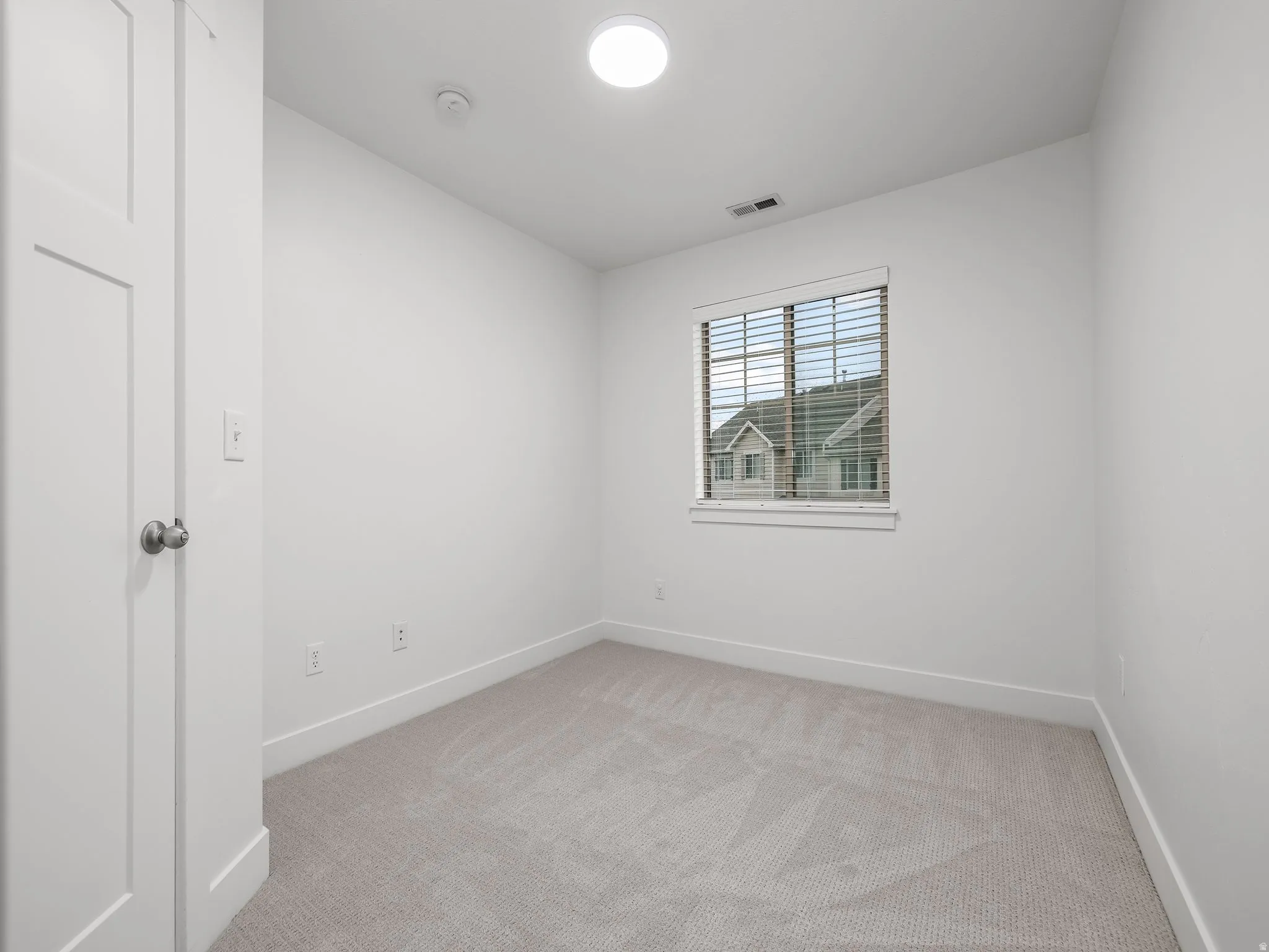 Neutral wall paint with textured carpeting, a white panel door, and an overhead light fixture