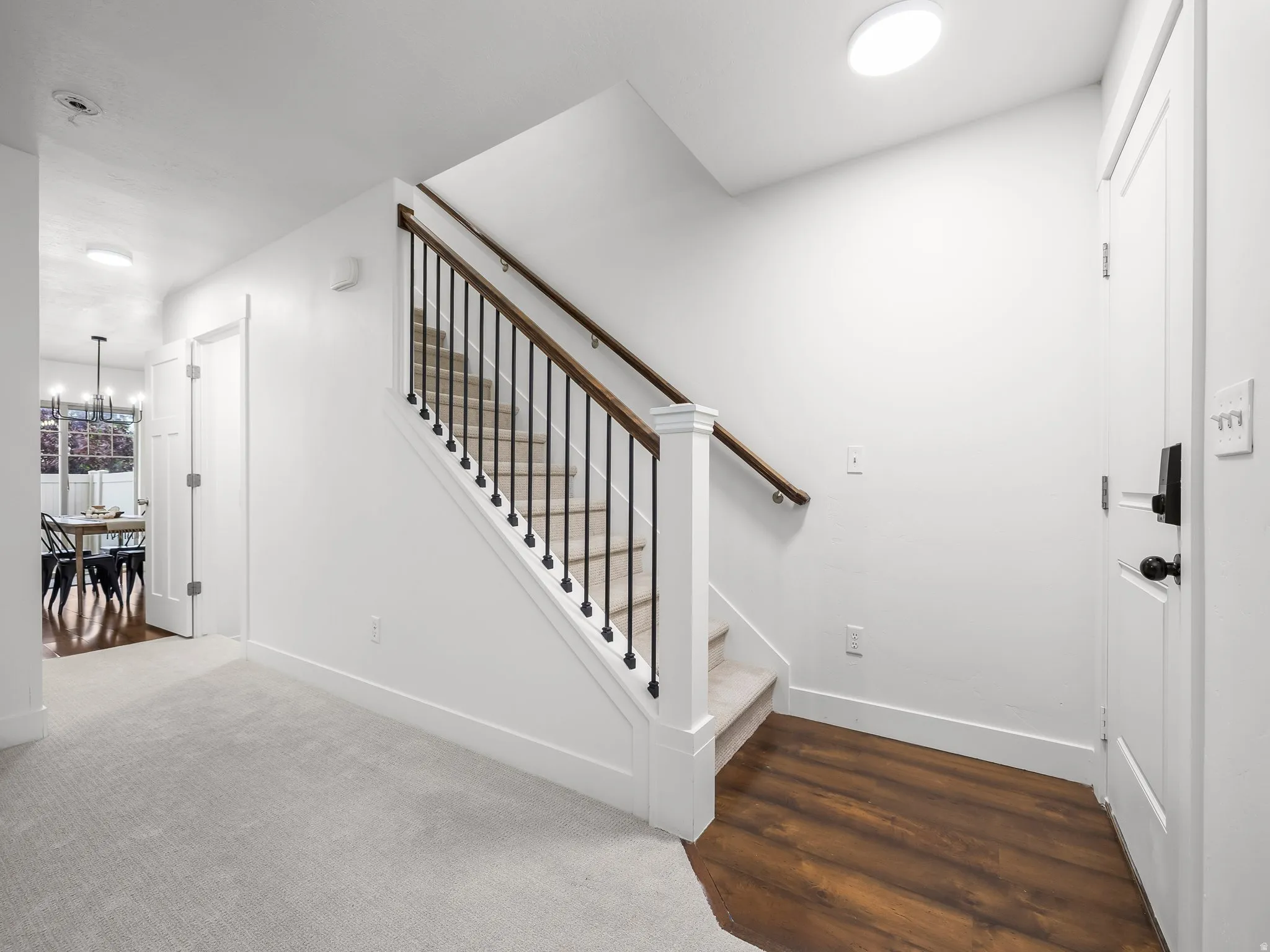 Hardwood-finish flooring at entry, carpeted staircase with wood handrail and black metal balusters, and white paneled doors