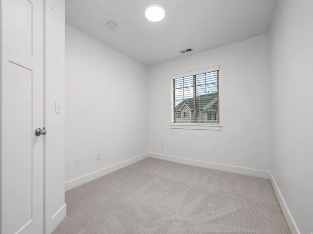 Neutral wall paint with textured carpeting, a white panel door, and an overhead light fixture
