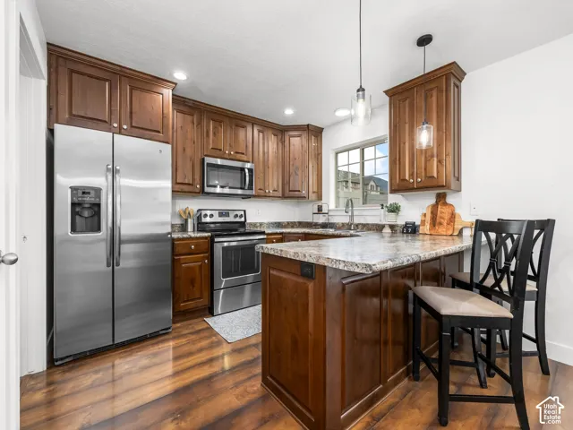 Wood-finish flooring, wood cabinetry, stainless steel appliances, granite-style countertops, and a kitchen island with pendant lighting