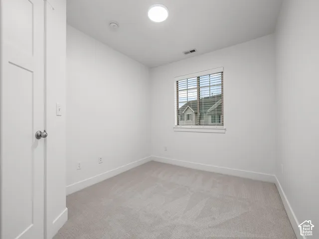 Neutral wall paint with textured carpeting, a white panel door, and an overhead light fixture
