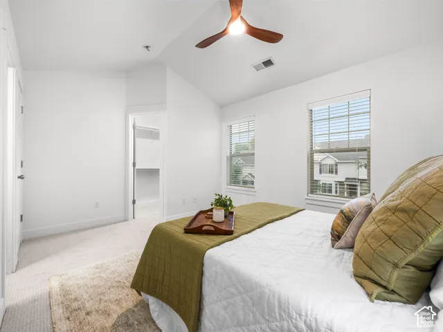 Carpeted room featuring a ceiling fan, two windows with blinds, and a walk-in closet with shelving