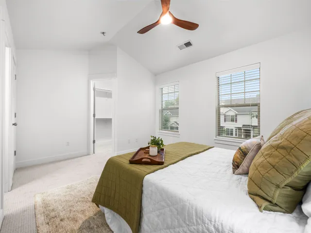 Carpeted room featuring a ceiling fan, two windows with blinds, and a walk-in closet with shelving