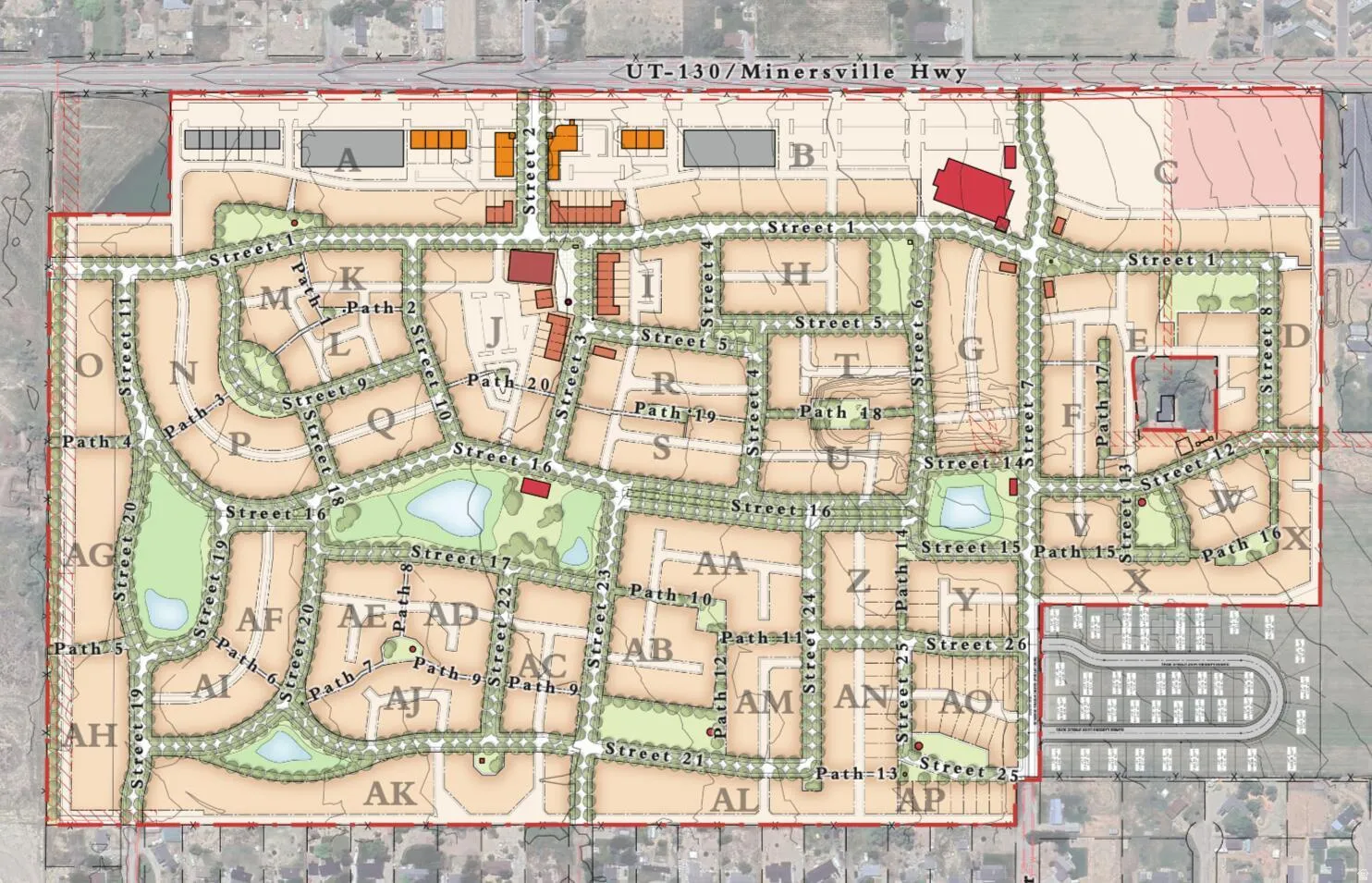 Development Plan. Illustrating the proposed layout of streets, paths, and designated zones within the property