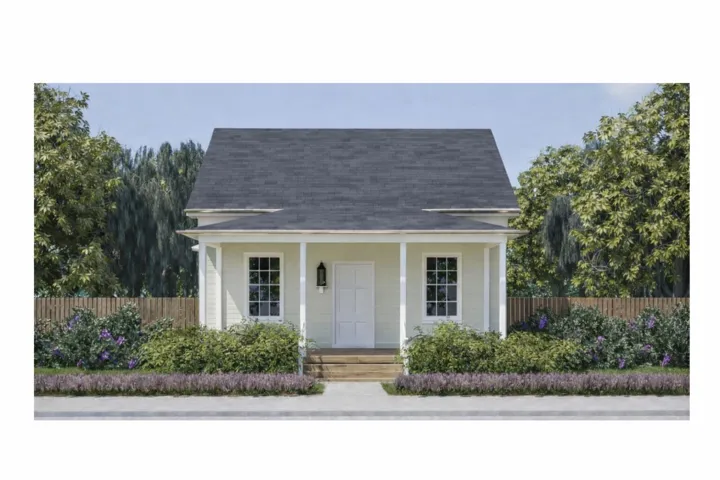 Cottage-style residence featuring a covered front porch, white columns, two paneled windows, and a dark shingled roof
