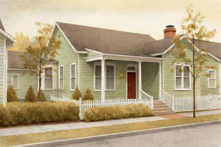 Gabled roofline with green siding, covered porch, red entry door, white picket fence, and mature landscaping