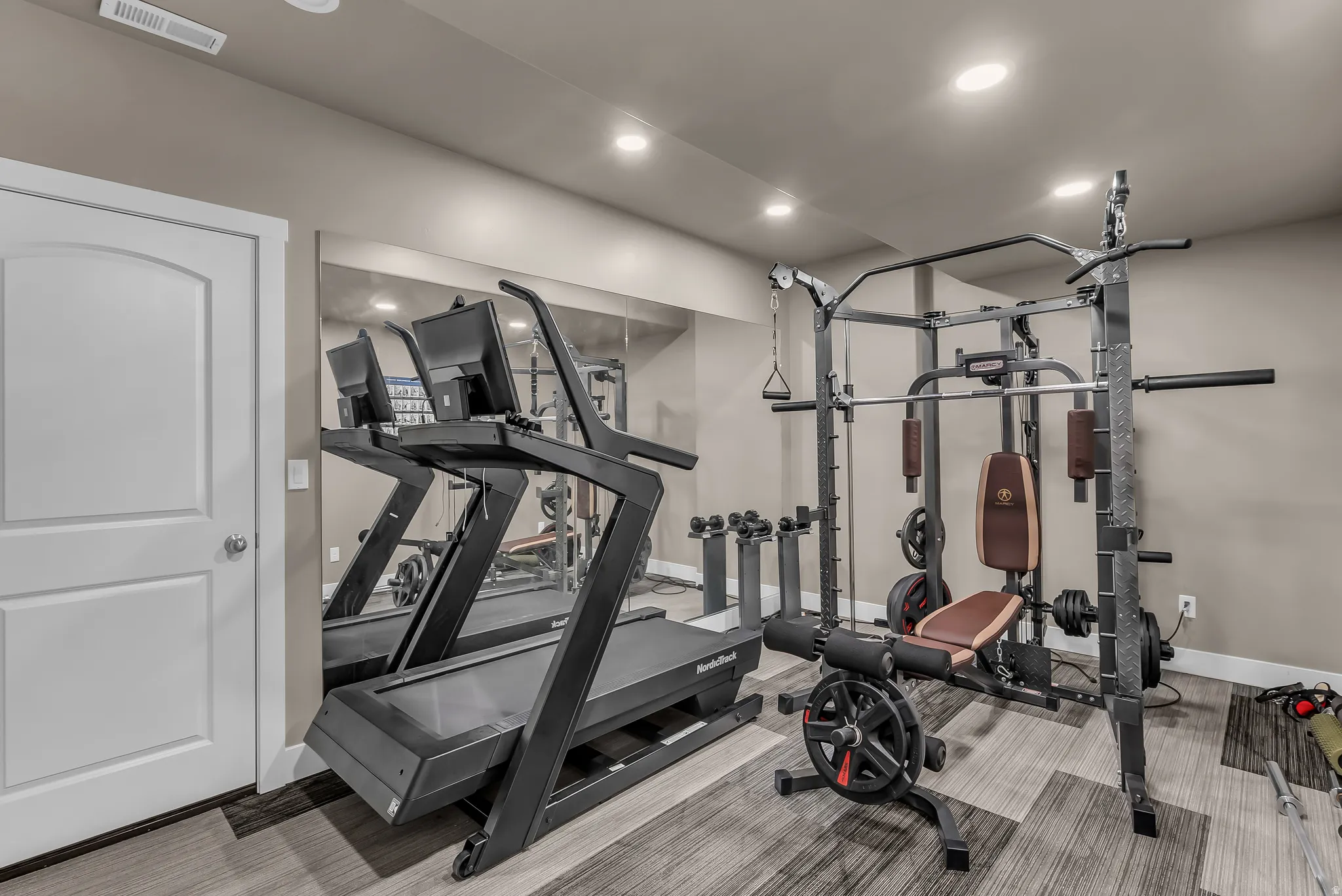 Recessed lighting, wood-finish flooring, full-wall mirror, paneled door