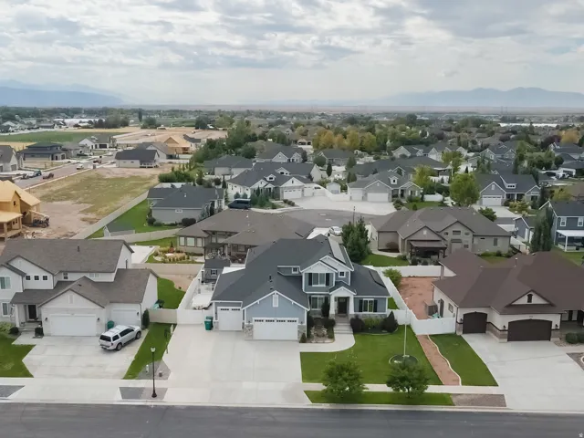 Expansive residential neighborhood with distant mountain scenery