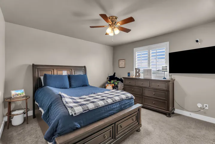 Carpeted flooring, ceiling fan with integrated lighting, window with plantation shutters, wall-mounted television, and neutral wall paint