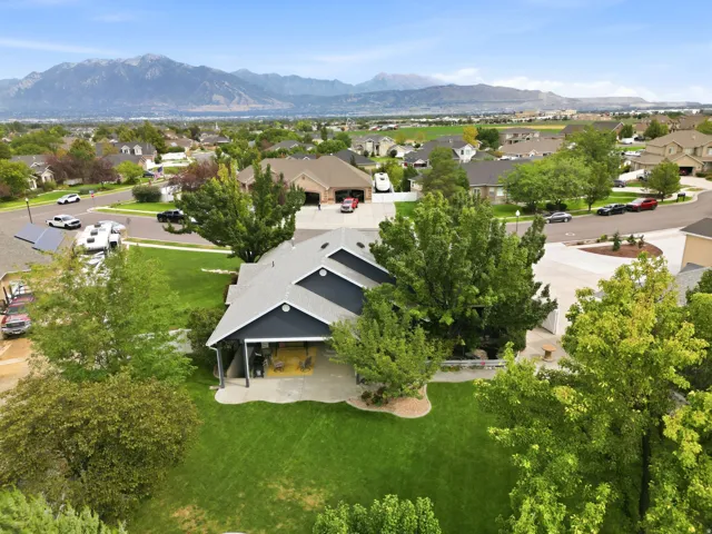 Mountain backdrop, residential neighborhood, mature trees, green lawn, and paved driveway