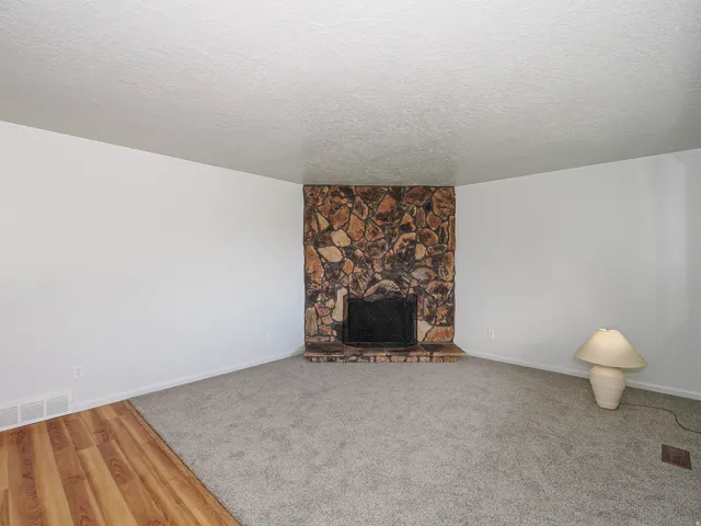 Stone-clad fireplace with hearth, wood-finish flooring, and neutral carpeting