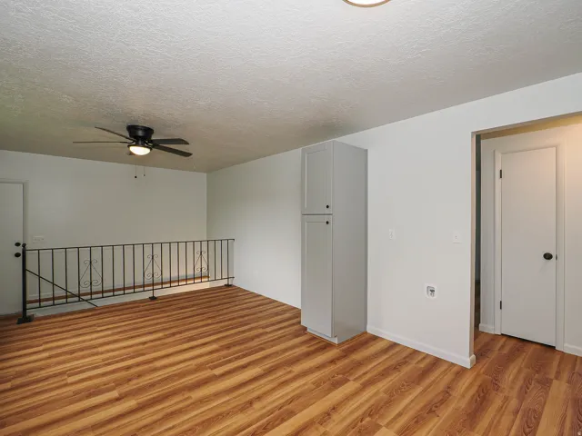 Wood-finish flooring, overhead lighting, ceiling fan, built-in cabinetry, and a wrought iron railing