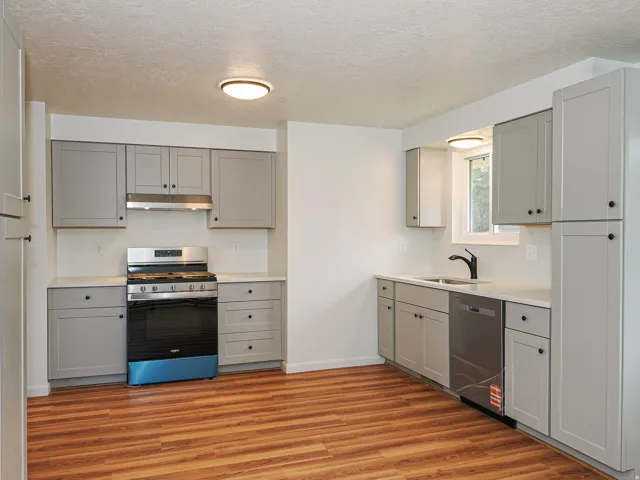 Kitchen featuring light gray cabinetry, stainless steel appliances, wood-finish flooring, white countertops, and a window above the sink