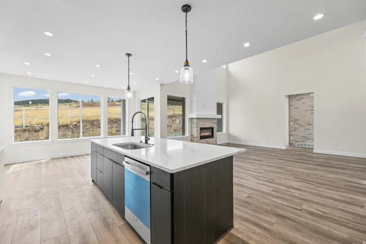 Kitchen island with a quartz countertop and integrated sink, stainless steel dishwasher, wood-finish flooring, and a fireplace with a stone surround
