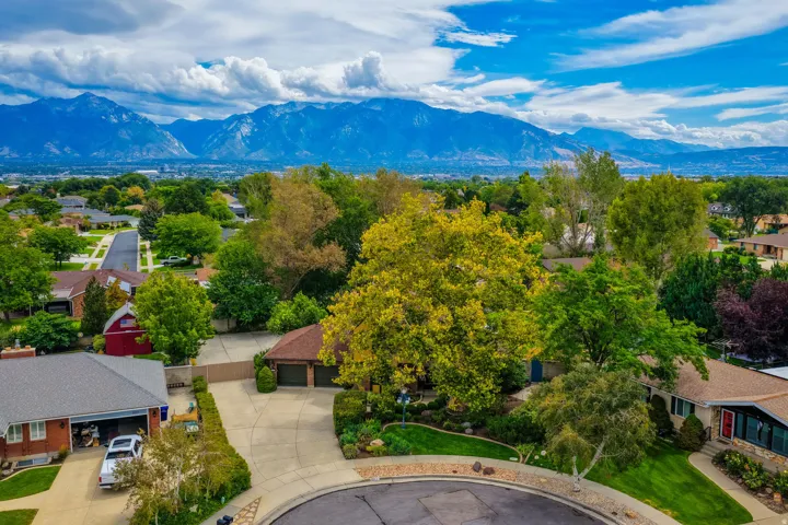 Expansive residential area featuring mature trees and a prominent mountain backdrop