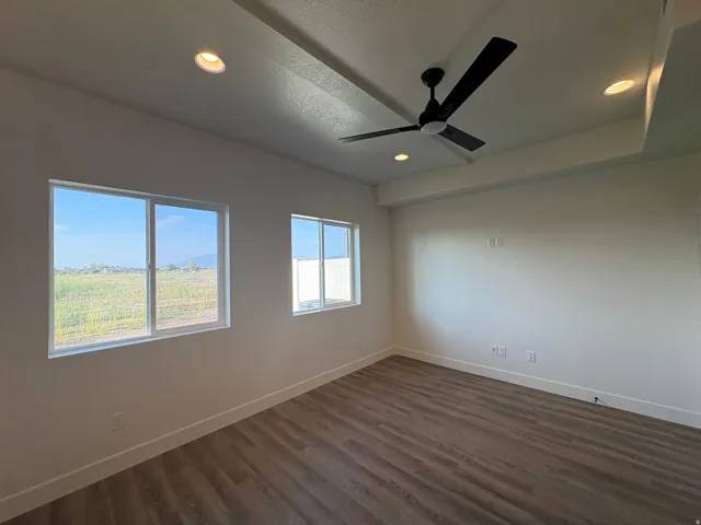 Recessed ceiling lighting, tray ceiling, dark-tone ceiling fan, wood-finish flooring, multiple windows