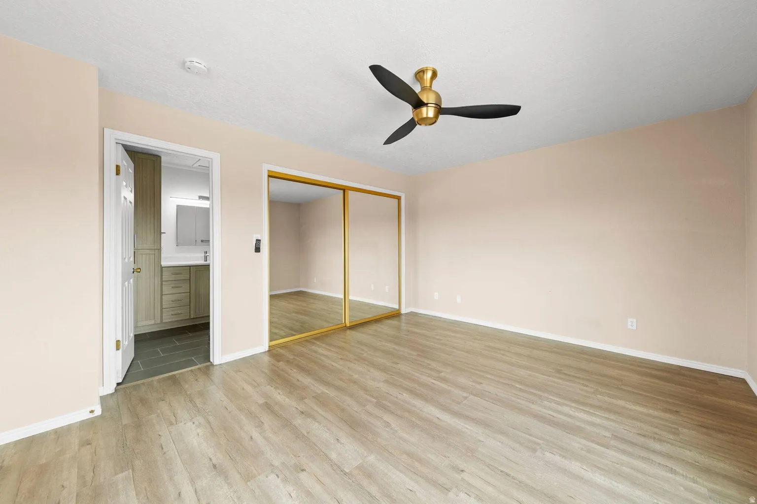 Wood-finish flooring throughout, complemented by a gold-framed mirrored closet