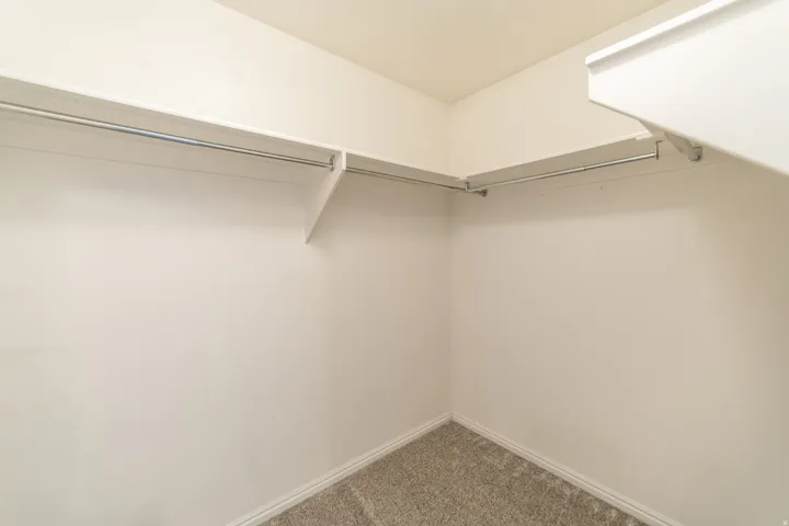 Built-in shelving with hanging rods and carpet flooring