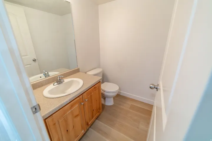 Wood-finish flooring, single vanity with a laminate countertop, integrated sink, and wood cabinetry