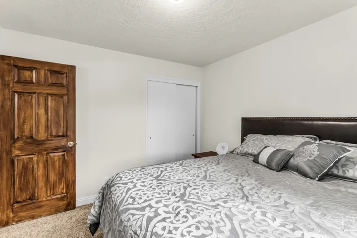 Wood-paneled door, textured carpeting, white walls, and a sliding closet door