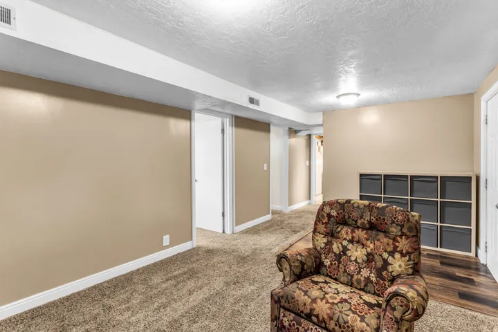 Recessed overhead lighting, textured ceiling, light-colored walls, carpeted flooring, wood-finish flooring