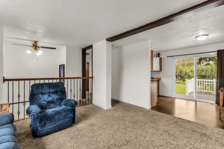 Carpeted living area with overhead lighting, wood-finish flooring, and a sliding glass door providing outdoor access