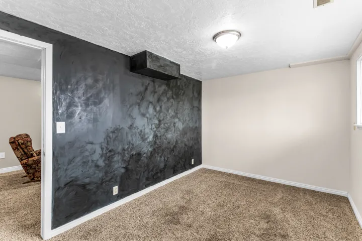 Textured accent wall, neutral carpeting, ceiling-mounted light fixture, white baseboards, and window with blinds