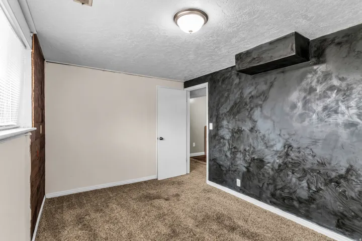 Textured accent wall, neutral carpeting, window with blinds, interior door, and ceiling-mounted light fixture