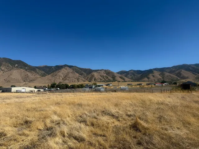 Expansive open field with dry grasses, bordered by a wooden fence, with mountain backdrop