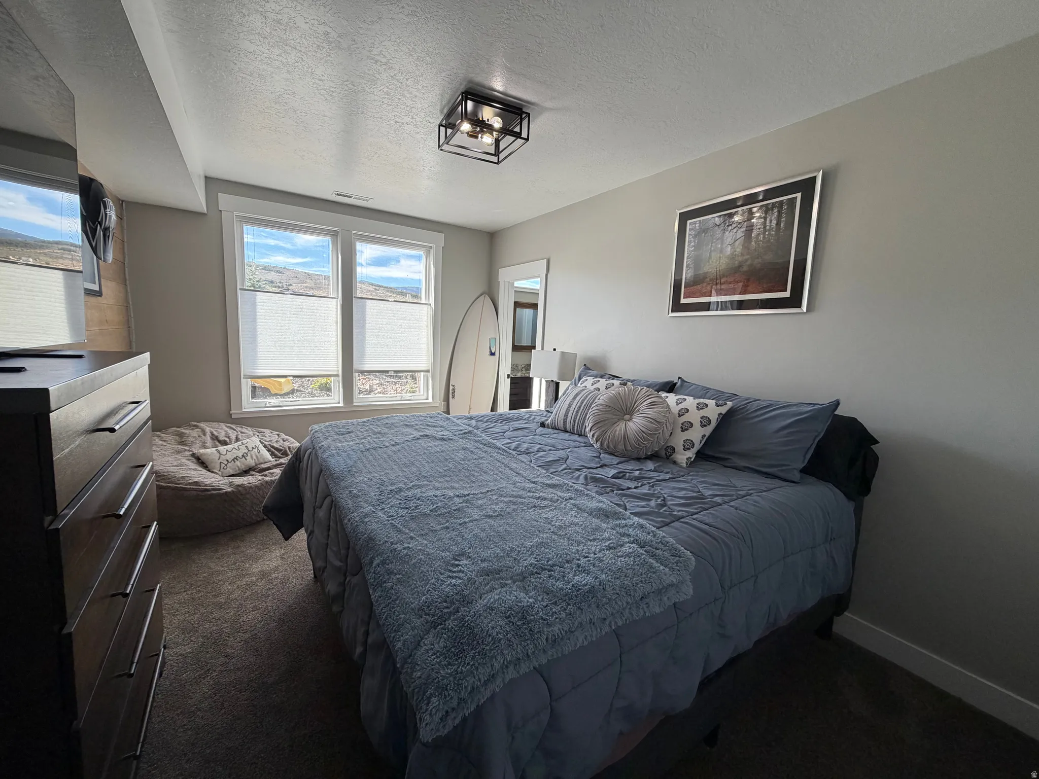 Recessed lighting, large windows, ceiling-mounted light fixture, and carpeting