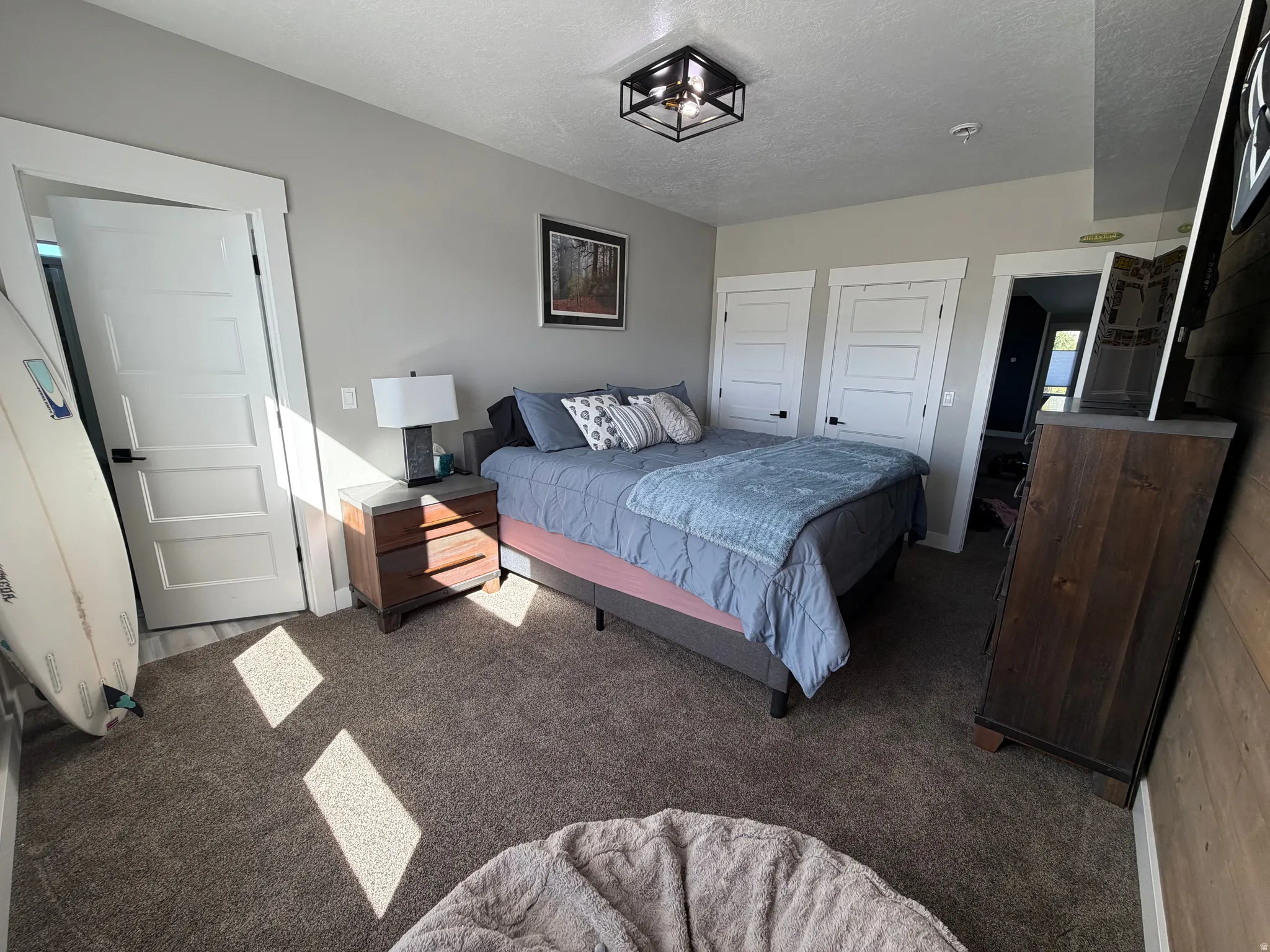 Carpeted flooring, white trim, recessed lighting, and white paneled doors