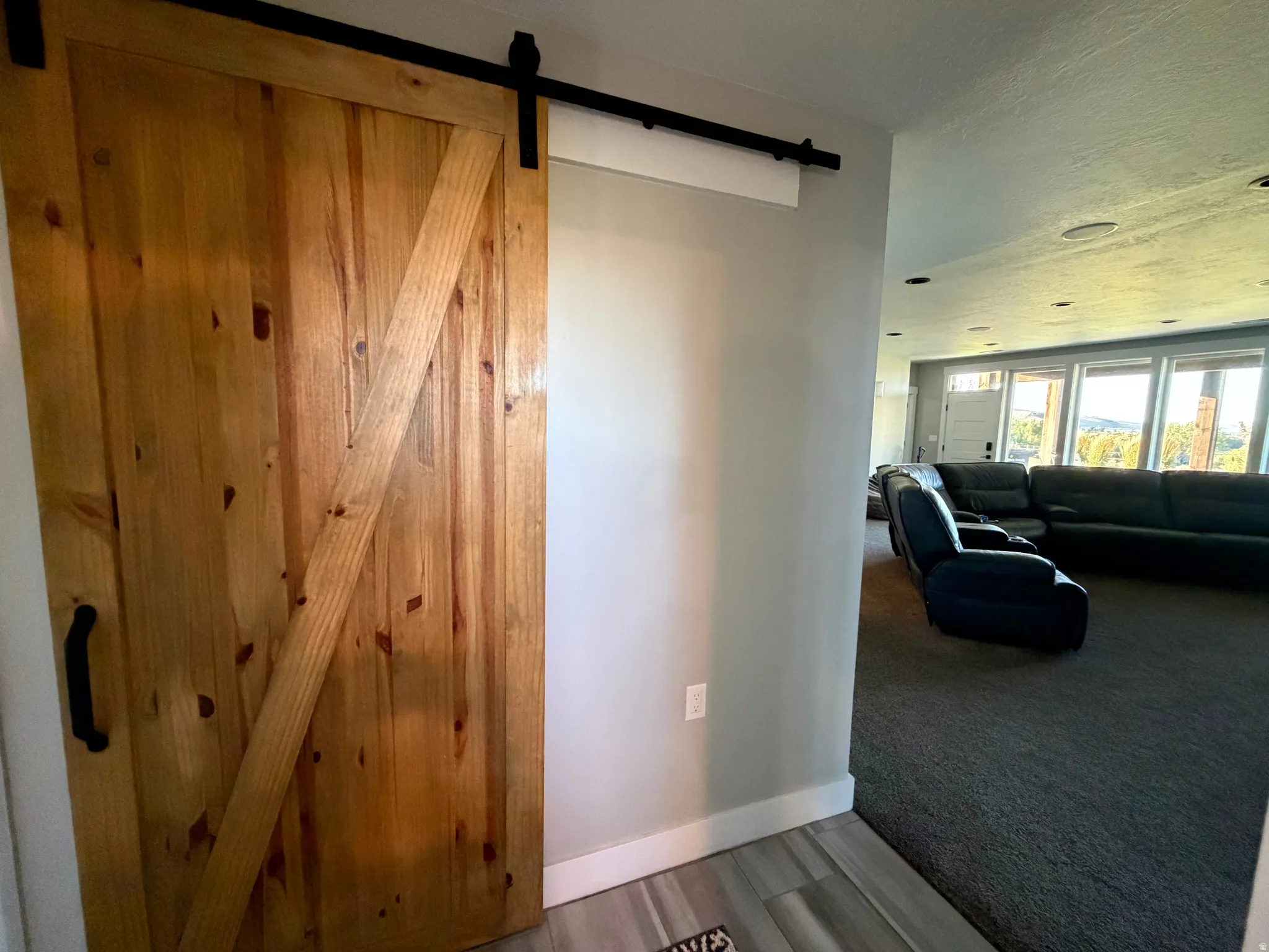Wood-finish barn door with a dark-tone sliding mechanism
