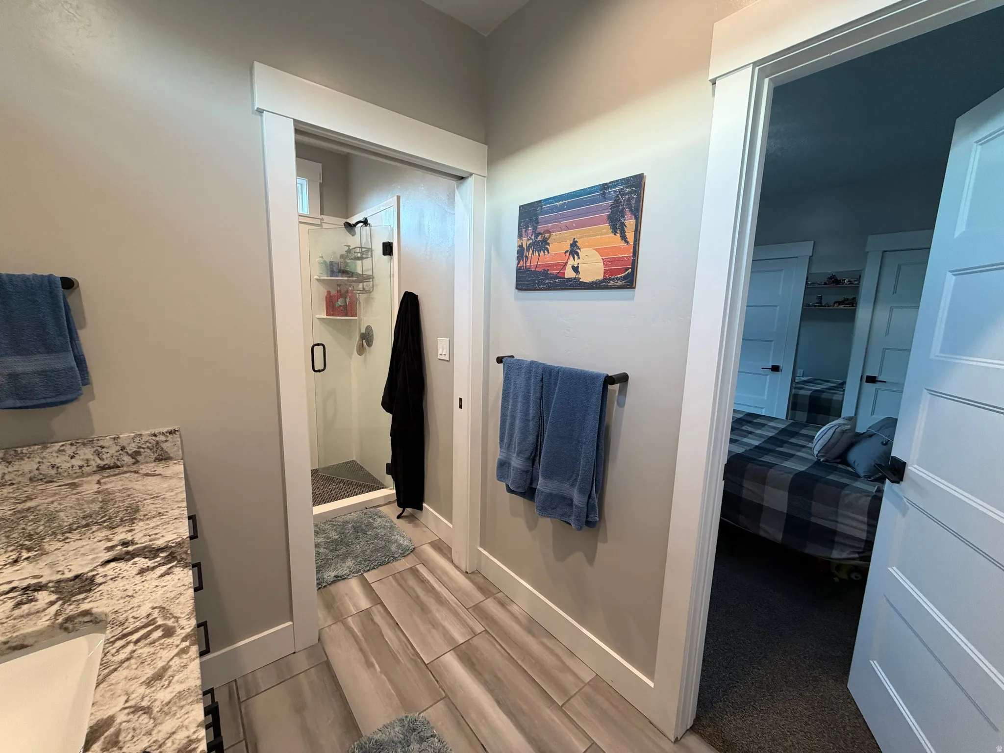 Bathroom with wood-finish tile flooring, a shower enclosure with glass door, and a vanity featuring a stone-finish countertop