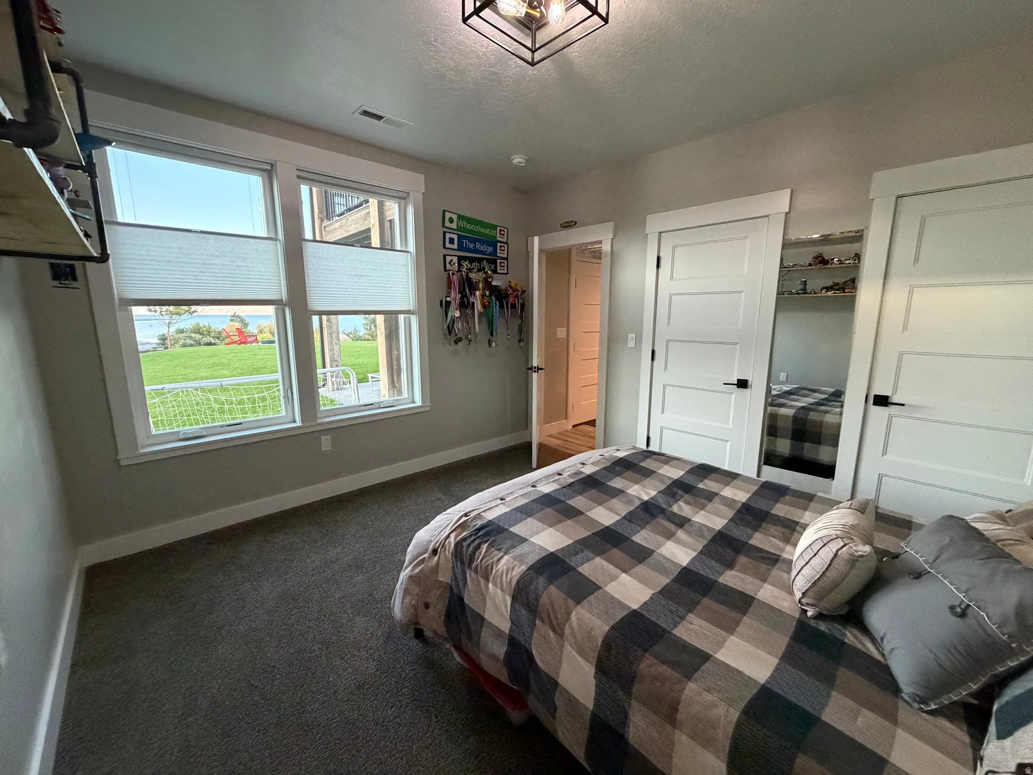Dual windows with cellular shades, wall-to-wall carpeting, white interior doors, and a black metal light fixture