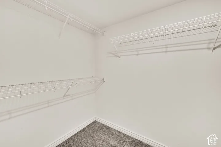 Primary bedroom walk-in closet with white wire shelving and new carpet