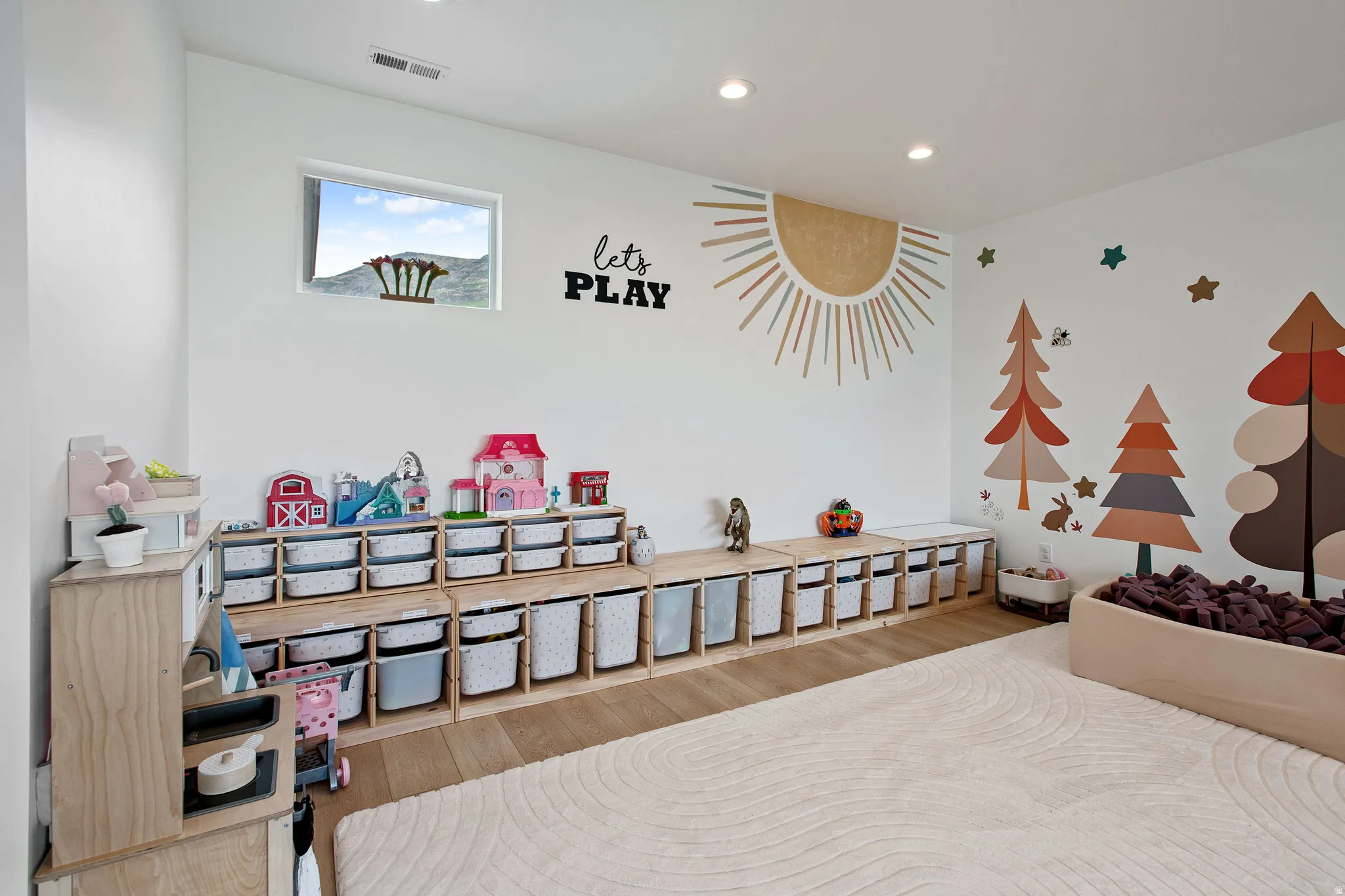 Recessed lighting, wood-finish flooring, built-in storage shelving, and a prominent window